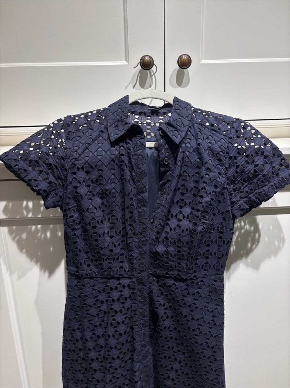 Ann Taylor Navy Eyelet Shirt Dress - Short Sleeve MIDI - Picture 2 of 5